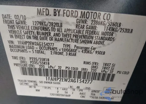2010 Ford Taurus Sel from USA, damaged, VIN 1FAHP2EW2AG154277